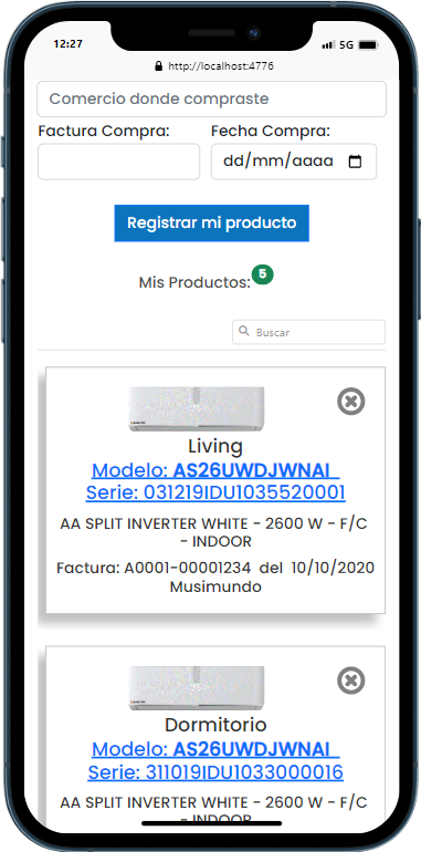 Productos registrados en el Portal de Clientes