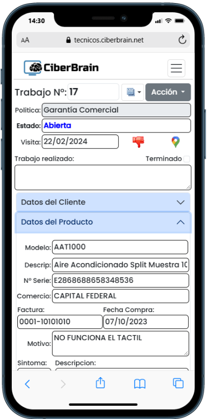App Ciberbrain para técnicos de campo